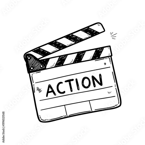 Vintage hand drawn movie clapperboard with action text for film production