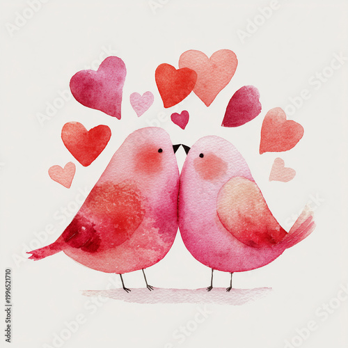 two pink birds kissing with red heart-shaped clipart, on a white background, in a watercolor valentine's day them.,

