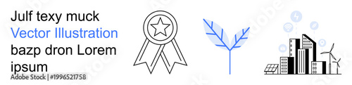 Eco-friendly design, sustainability, city development, clean energy, certification, urban progress. Star badge, minimalistic leaf modern eco-buildings with solar panels. Sustainability
