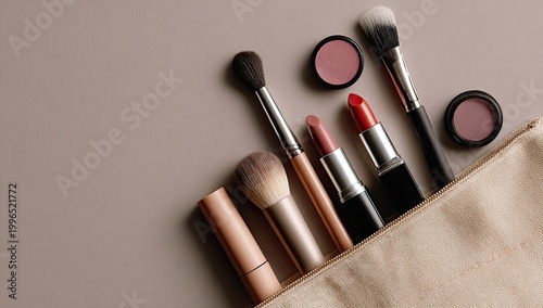 Various makeup items spilled from a tan pouch onto a neutral surface