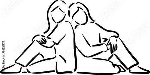 Continuous line drawing of two women sitting back to back, arms around knees, vector illustration.