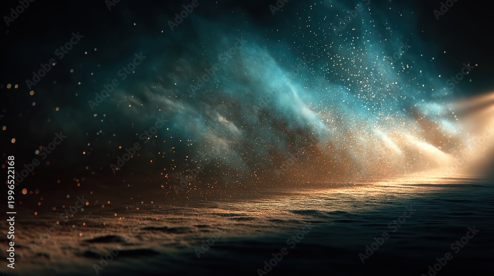 Obraz premium A cosmic scene with glowing particles and dust illuminated by a radiant light source, creating a mystical and ethereal atmosphere.
