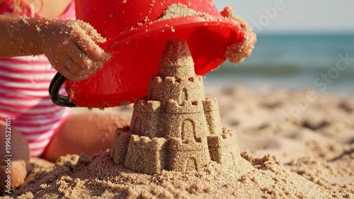Child building sandcastle on beach vacation.