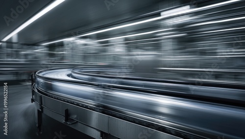 Sleek, metallic conveyor belt system in a blurred, modern industrial setting