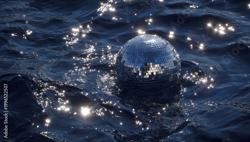 Mirrored sphere floats on shimmering ocean surface, reflecting light