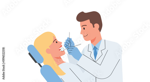 A professional male dentist examines the teeth of a blonde female patient during a routine checkup in a modern dental office setting.