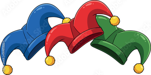 Colorful Cartoon Jester Clown Hat Set in Blue, Red, and Green with Golden Bells for Carnival, Circus, Comedy, Party, and Festival Illustration Designs