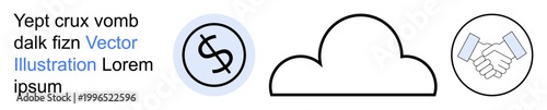 Cloud services, financial management, collaboration, online storage, business solutions, modern technology. Cloud outline, dollar sign handshake icon. Cloud services and financial management concept