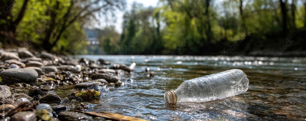 Fototapeta premium Clear plastic bottle floating in a river, polluting the natural environment