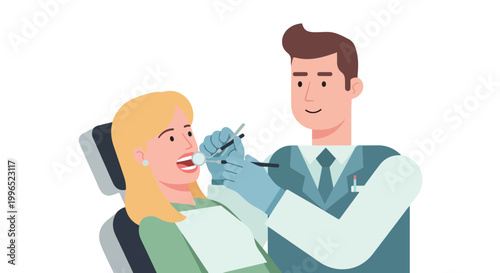 A professional male dentist with gloves uses tools to examine a blonde female patient sitting in a dental chair in this flat vector illustration.