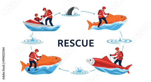 A circular vector illustration depicts a marine animal rescue operation, showing volunteers in red jackets on a jet ski and riding fish-shaped floats in blue water, with a shark fin