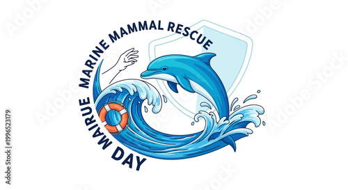 An ocean conservation awareness illustration shows a dolphin jumping over a wave with a life preserver, symbolizing marine animal rescue and wildlife rehabilitation against a clean white