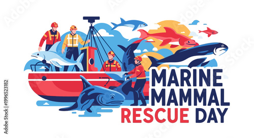 Whale rescue operation is visualized in a vibrant vector illustration, showing a team of marine animal rescue volunteers on a boat helping various ocean wildlife species in need of aquatic