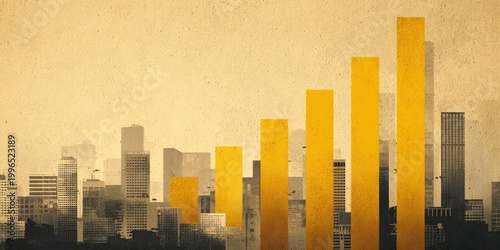 Silhouetted cityscape with ascending golden bars representing growth