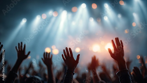 Crowd with raised hands in a concert arena with bright stage lights