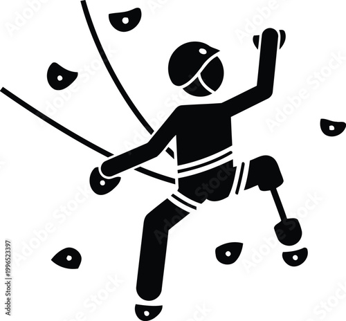 Paraclimbing athlete with prosthetic leg on indoor climbing wall