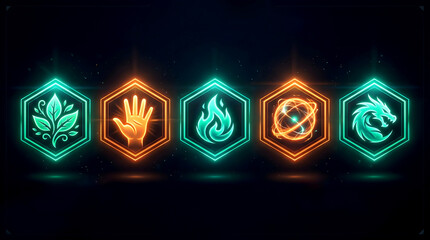 A digital illustration of five glowing neon icons representing different elements in a horizontal row on a dark background