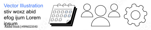 Task management, teamwork, scheduling, workflow, time planning, productivity. Black and white icons of a calendar, three people and a gear. Task management and teamwork concepts