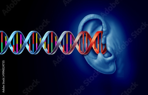 Genetic Hearing Loss as an ear with a DNA double helix symbol representing genetics and Auditory science or audiology as losing the ability to hear due to gene disorder.