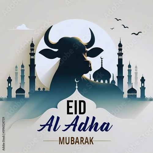 Elegant Eid Al Adha Greeting with Cow and Mosque Silhouette