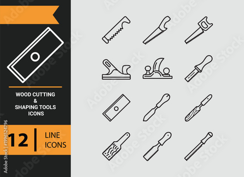 Wood Cutting Shaping Tools Outline Icons for Carpentry Crafting