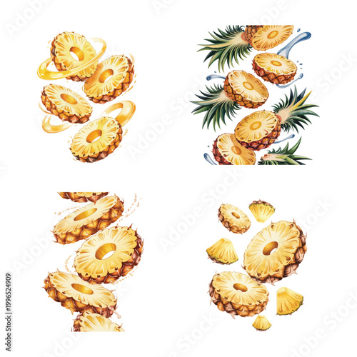 Realistic pineapple rings and chunks vector set tropical fruit slice illustration