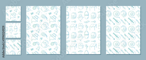 Seamless camp adventure pattern in doodle line style. This outdoor collection has hat, mug, guitar, backpack as equipment for hiking with color accent. Repeated for creative trip background.