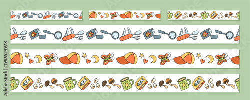 Seamless camp border pack with colorful doodle and sketch style pattern. Picnic scene with mug, marshmallow, equipment and hat near campfire. Fun element for camp outdoor adventure art background.