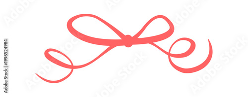 Romantic hand drawn wedding bow art. Cute coquette ribbon decor as simple vintage border. Wavy red line ornament suits valentine card and love invite. Whimsical doodle element fits modern graphic