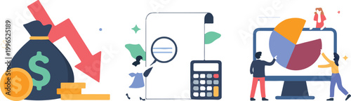 Financial analysis vector set featuring money loss arrow audit document with magnifying glass and business people analyzing pie chart