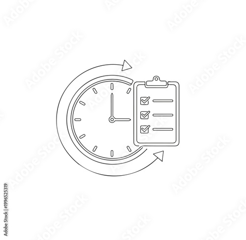 Time Management and Efficiency Icon, Minimal Line Illustration of Clock with Task Checklist and Refresh Arrow, Productivity Concept