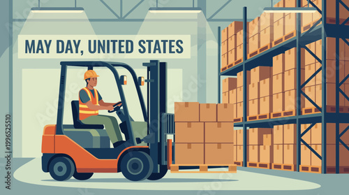 Warehouse Worker Operating Forklift for May Day United States