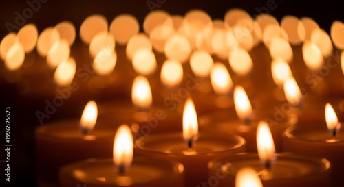 Burning tea light candles with warm orange bokeh background