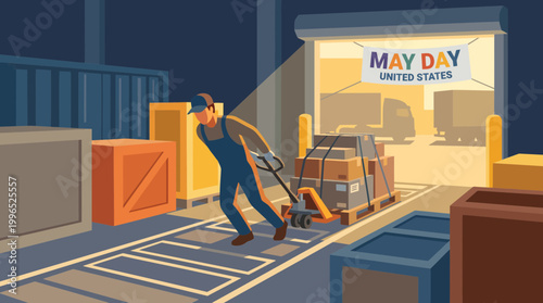 Warehouse worker pulling pallet jack on May Day in United States