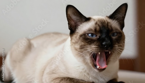 A close-up of a cat with its mouth open, appearing to yawn or roar.