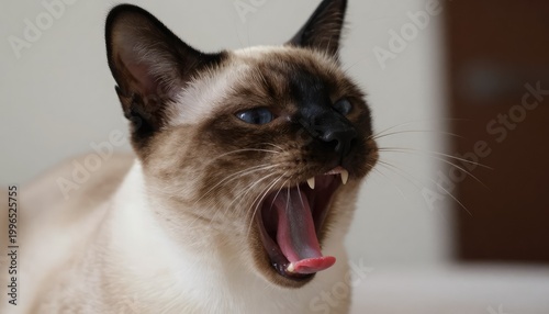 A close-up of a cat with its mouth open, showing its teeth and tongue in a fierce expression.