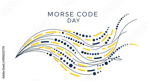 An illustrative vector graphic celebrates Morse Code Day with stylized dot and dash signals flowing across a white backdrop, designed with a tech communication concept and vintage