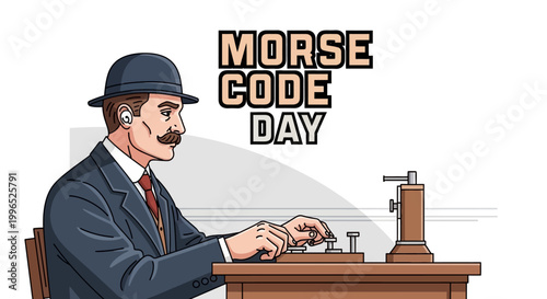Illustration of a vintage telegraph operator encoding a message with dot dash signals on Morse Code Day, using vintage communication technology against a white background, showcasing binary