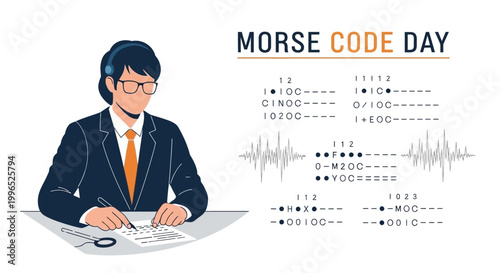 A focused radio operator depicted in a Morse Code Day illustration, encoding a message with a dot dash signal on paper in front of a waveform against a clean white background, with vintage