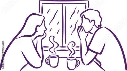 Man whispering secret to woman over coffee, intimate moment, window background, close up communication illustration.