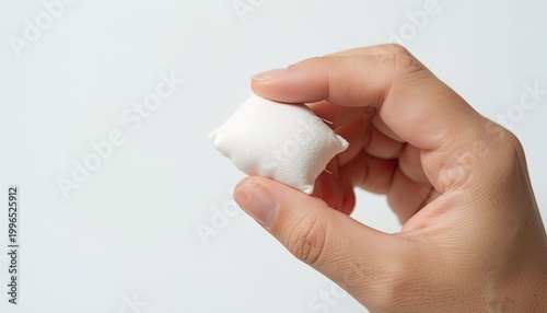 A hand gently holding a small piece of cotton on a clean white background