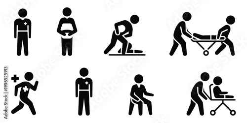 Set of stickman silhouettes depicting emergency medical scenes including injury, patient transport, and hospital activities