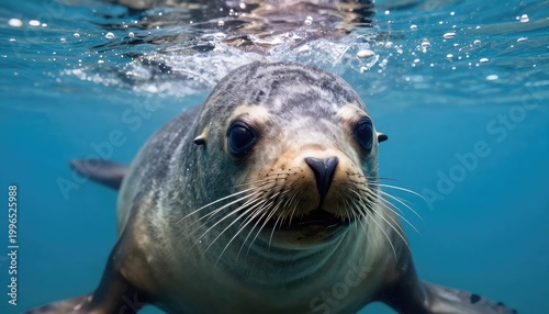 A seal swims underwater with its head above the surface looking directly at the camera with curiosity and friendliness