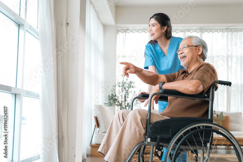 Obraz na płótnie Elderly health insurance, older man wheelchair nurse bright home care smiling po