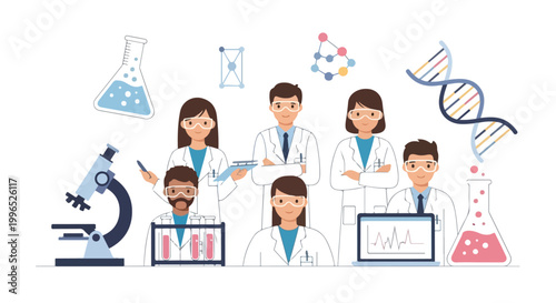 A professional team of diverse scientists and researchers posing together in a laboratory filled with various scientific equipment and symbols.