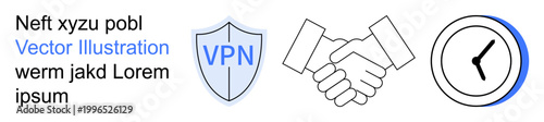 Cybersecurity, business agreements, time management, data protection, virtual networks, technology services. Shield with VPN text, handshake clock graphic. Cybersecurity and business agreements