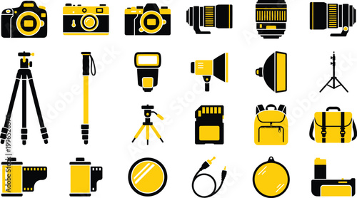 A collection of black and yellow vector icons illustrating various essential photography equipment and accessories for professional photographers.