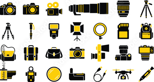 Diverse collection of essential photography and videography equipment icons, featuring cameras, lenses, and accessories.