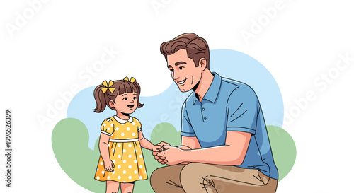 A happy father figure kneels down to hold hands with his smiling young daughter in a warm, loving outdoor moment.