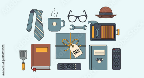 A flat lay illustration of various Father's Day gift ideas including a tie, coffee mug, tools, books, and remote controls.
